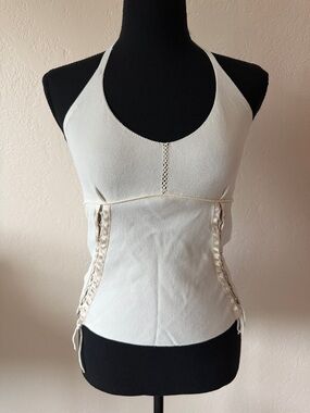 Y2K JANET WISE Cream Halter Lace-Up Knit Tank Top SIZE LARGE